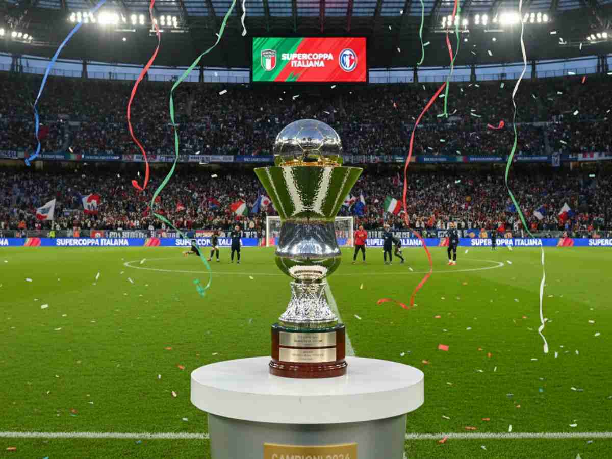 Supercoppa in uno stadio in festa, immagine generata con Gemini AI